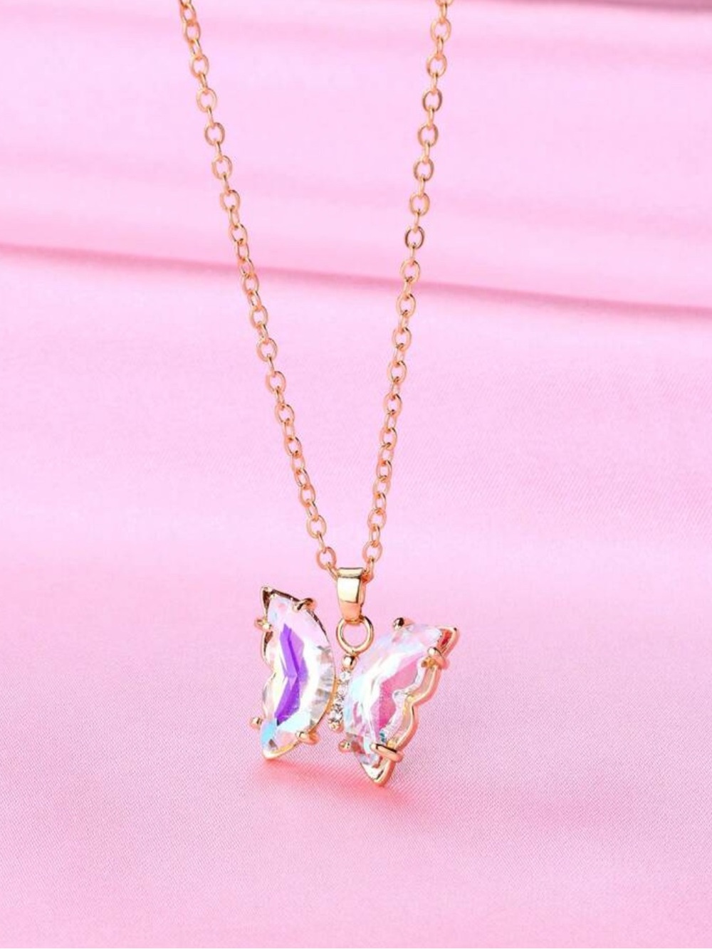 Gold Butterfly Pendant Necklace with Iridescent White Stones